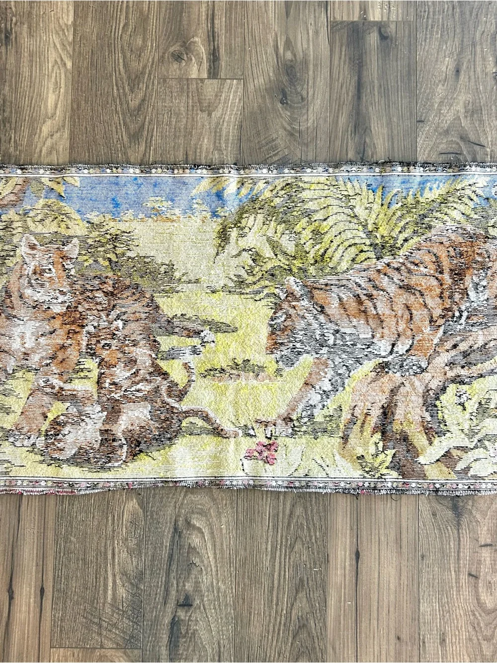 VTG Tiger Family Tapestry 1970s  Woven Velveteen Wall Hanging 36.5x19 Lebanon